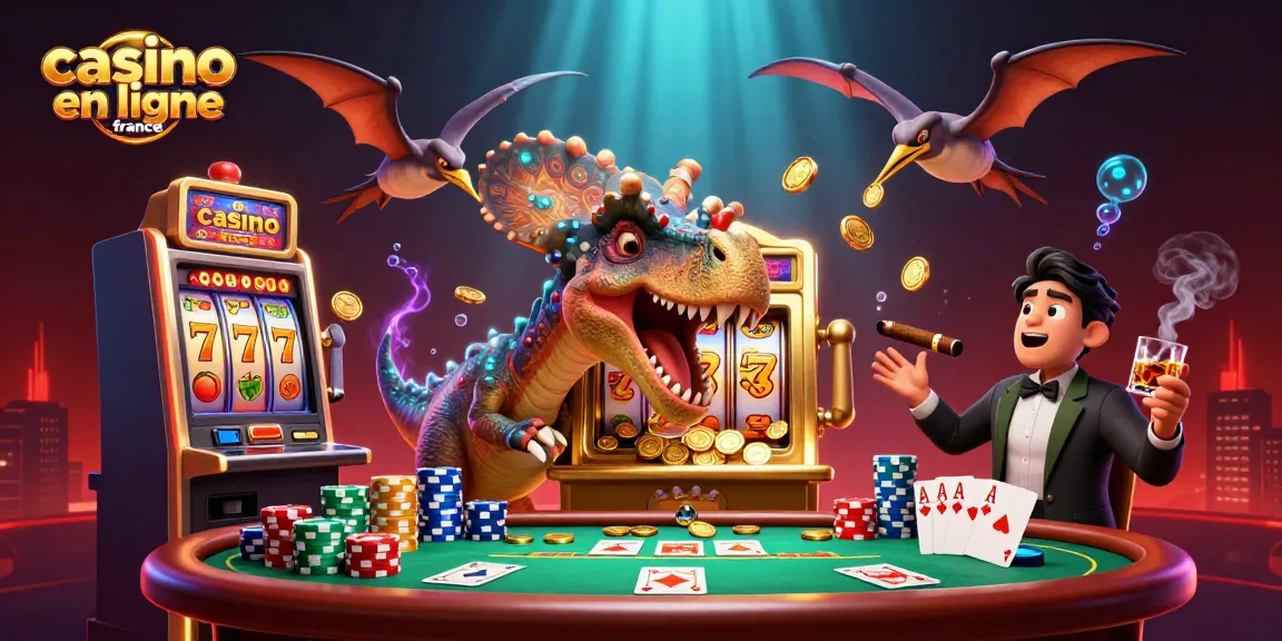 Scène dynamique de casino en ligne France avec pachycephalosaurus et jackpot en pièces d'or