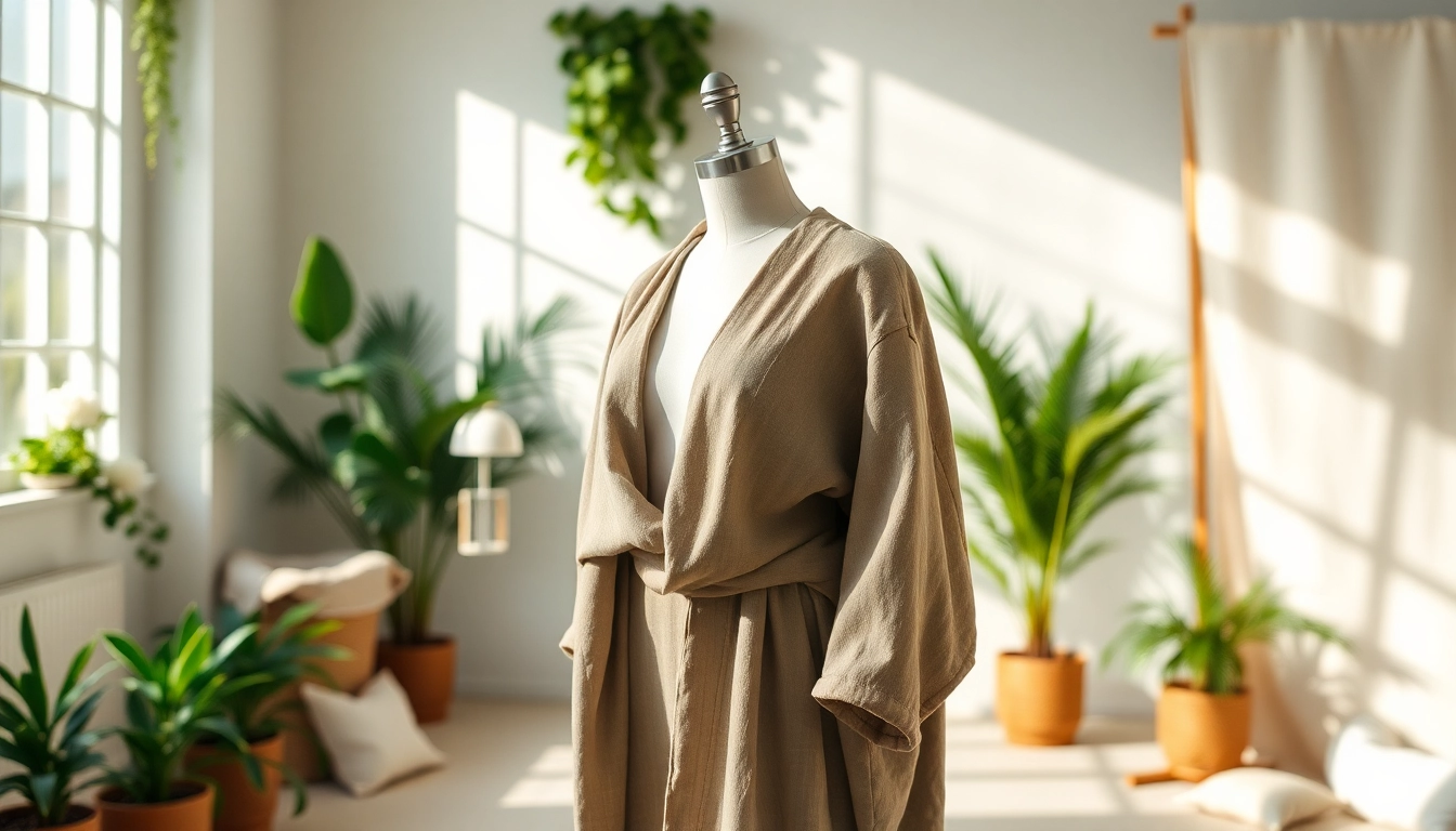 Showcasing a sustainable garment design by Raw Ecoproject in an eco-friendly studio.