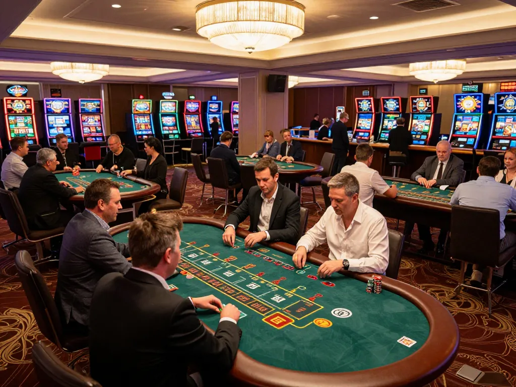 8xbet players engaging in strategic blackjack gameplay at a bustling casino floor with vibrant ambiance