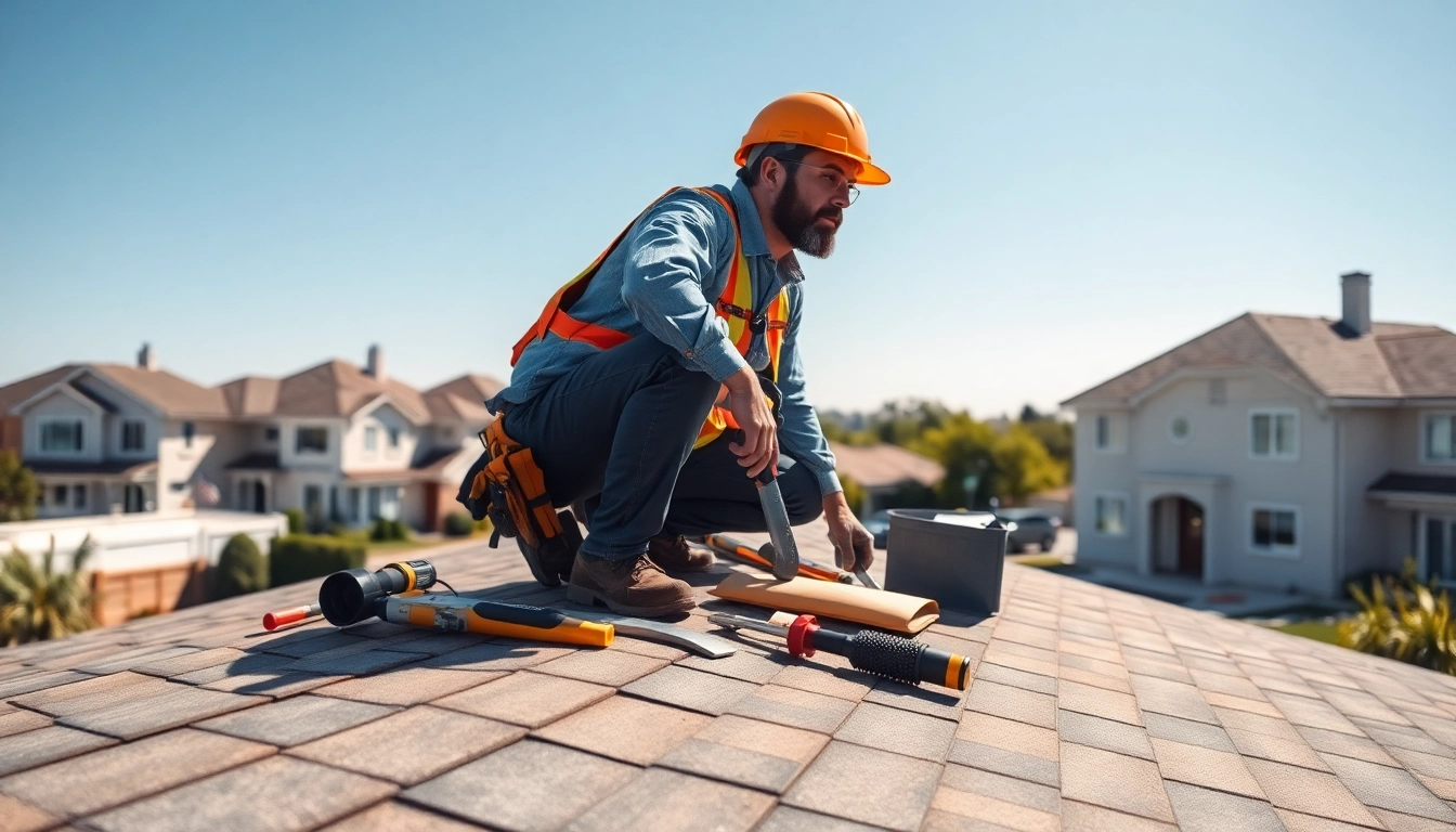 Roofing contractor inspecting a roof in a picturesque neighborhood.