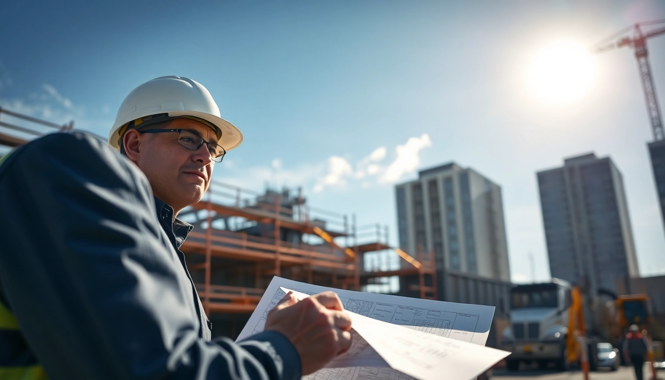 New Jersey Construction Manager collaborating on-site with workers and blueprints.
