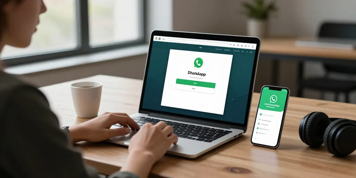 WhatsApp下載 on a laptop screen with Android device, showcasing modern workspace.