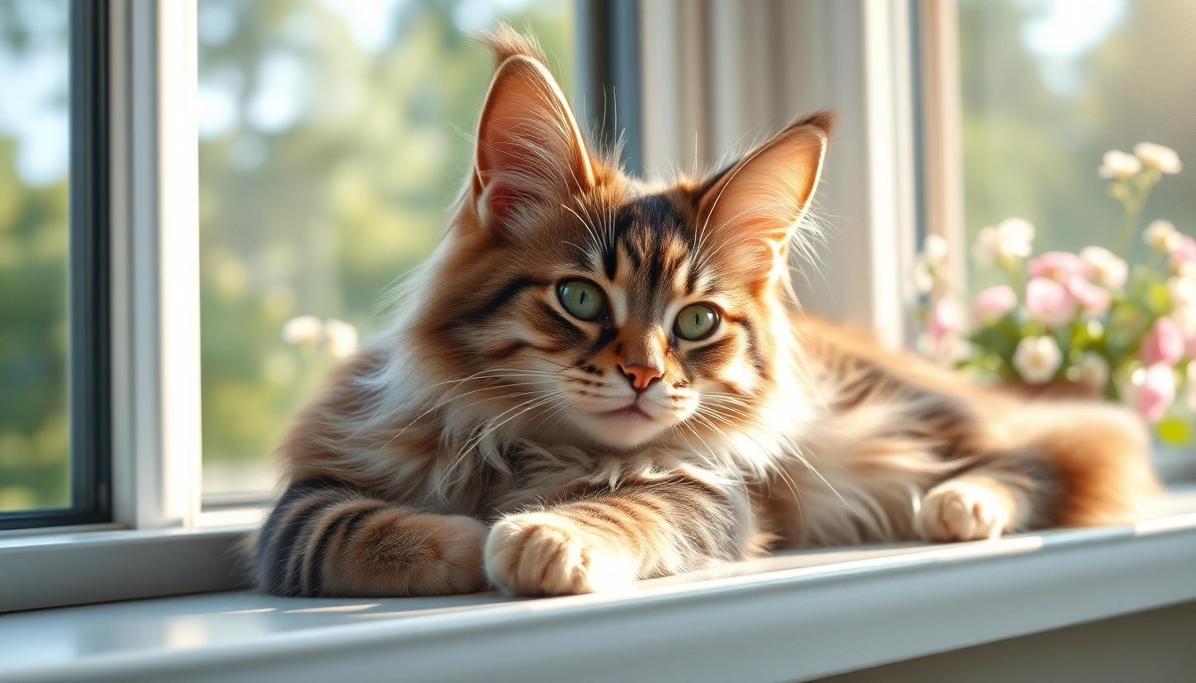 Maine Coon cats for sale featuring a fluffy cat basking in sunlight.