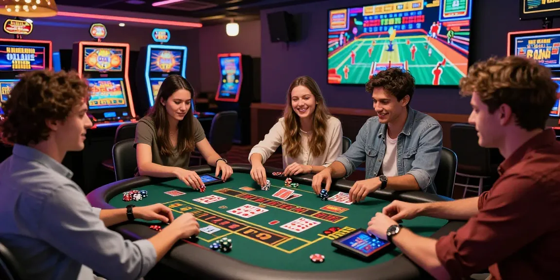 Social gaming experience at credit card casinos featured on thegbhouse.co.uk with friends at slot machines and live dealer tables.