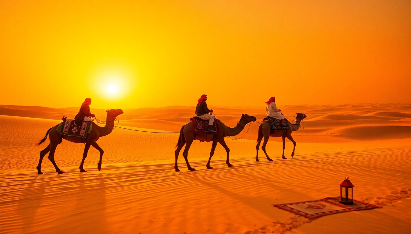 Experience the excitement of the best desert safari dubai with a thrilling camel caravan at sunset.
