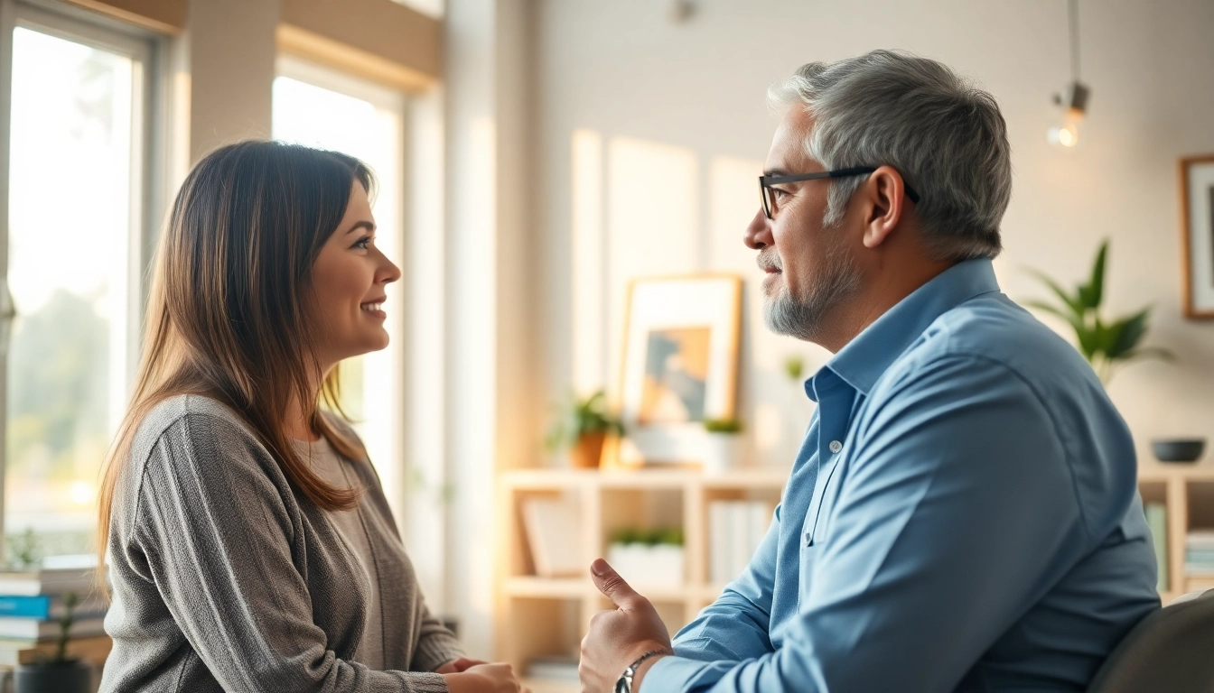 Therapist discussing psychiatric disorders in India with patient in a comforting office atmosphere.
