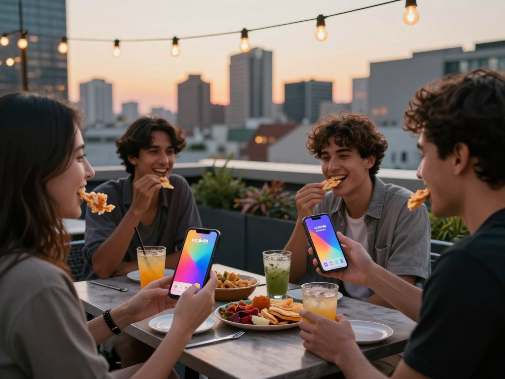 Friends engaging and sharing snacks while using the rokok88 app on a rooftop terrace
