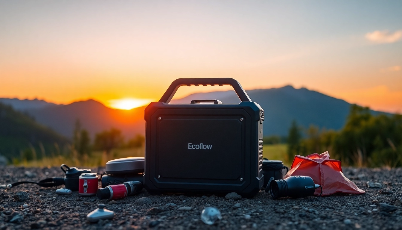 Showcasing EcoFlow portable power station in an outdoor sunset setting, emphasizing adventure and reliability.