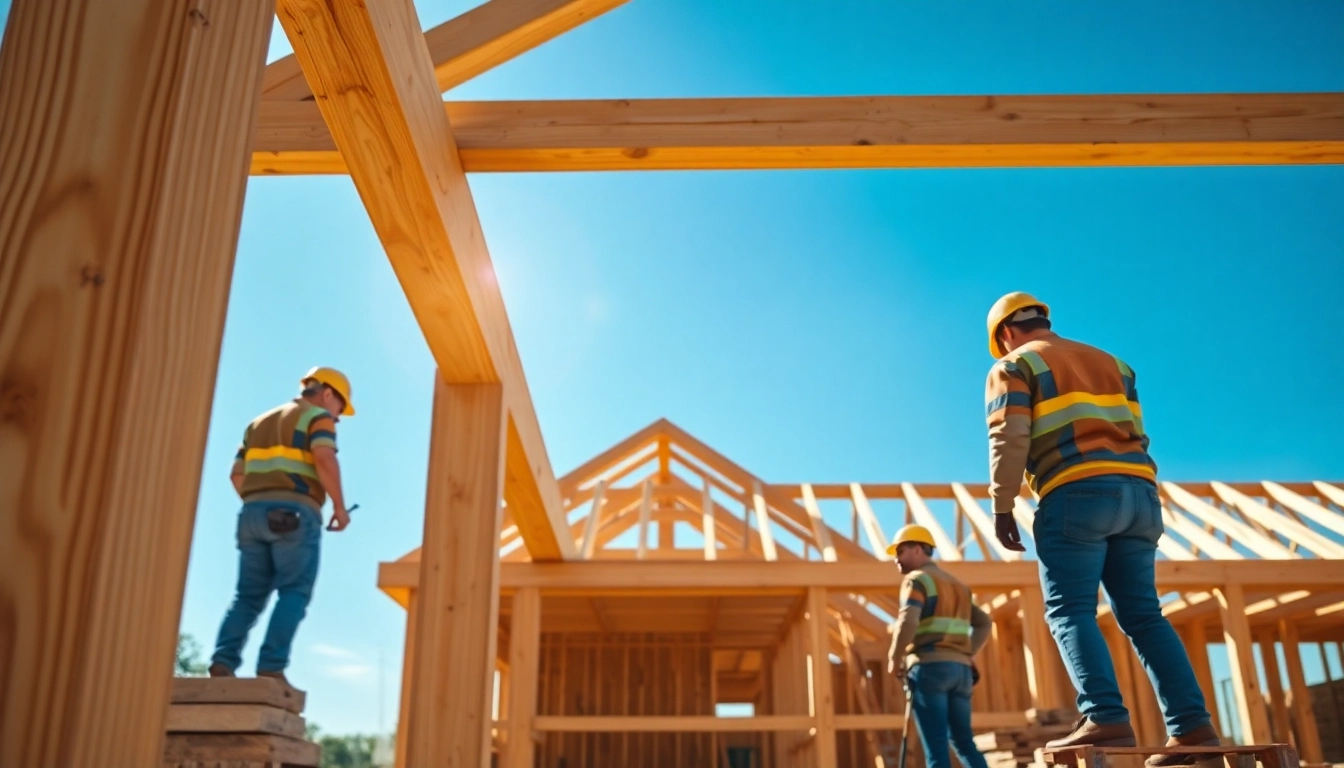 Showcase timber frame solutions in an active construction site highlighting teamwork.