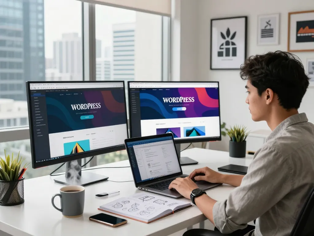 Freelance web designer Kuala Lumpur actively developing a WordPress site, showcasing vibrant designs and modern workspace elements.