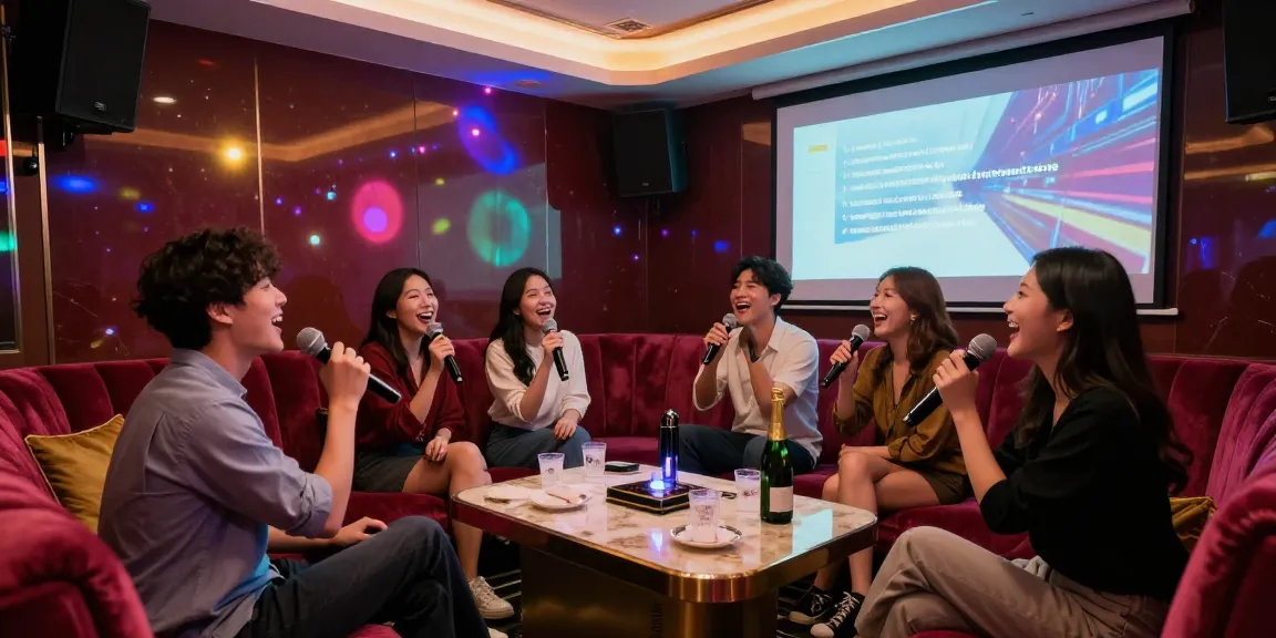 강남 가라오케에서 노래를 부르며 즐기는 친구들, 화려한 조명과 고급 인테리어로 가득한 프라이빗한 공간.