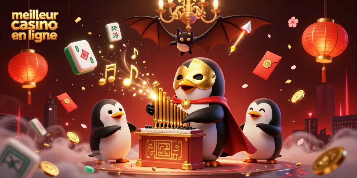 Découvrez le meilleur casino en ligne avec un pingouin jouant de l'orgue, des symboles d'or et une ambiance festive.