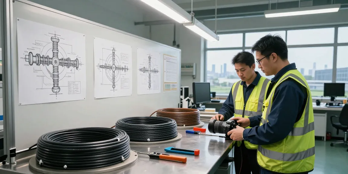 Engineers examining seismic cable in a professional industrial workspace