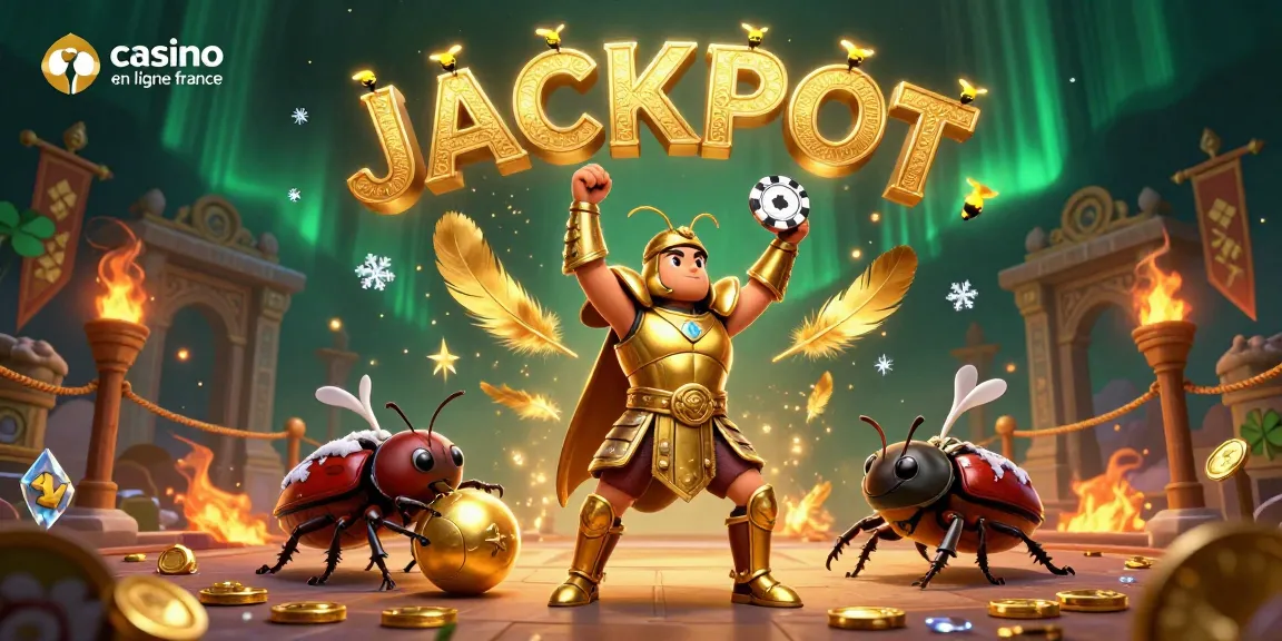 Visuel captivant sur le casino en ligne France avec un scarabée Hércule victorieux et des effets de jackpot.