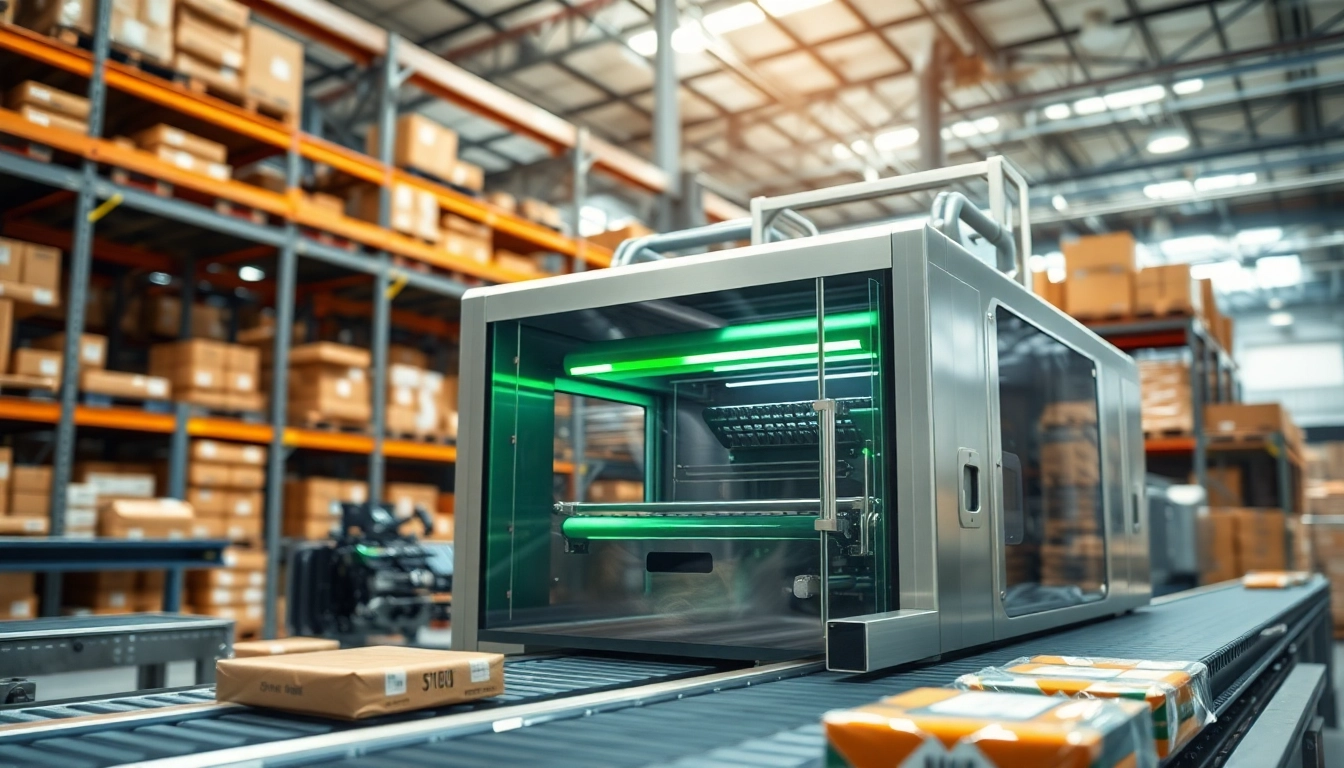 Shrink wrapper machine efficiently packaging products in a modern industrial setting.