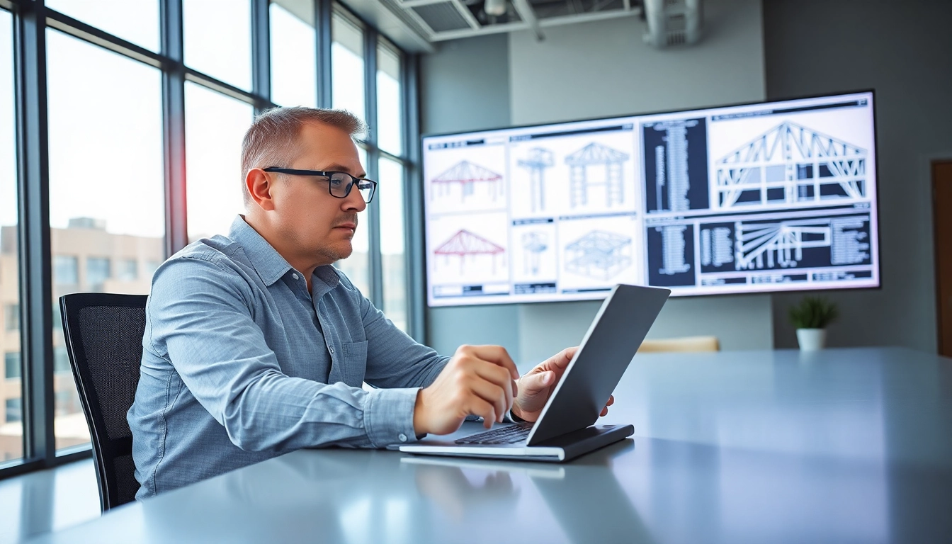 Engineer utilizing a truss calculator to analyze structural designs in a modern office.