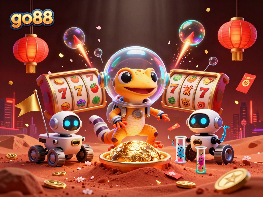 Engage with go88 as a Martian gecko discovers a golden casino in a vibrant 3D scene.