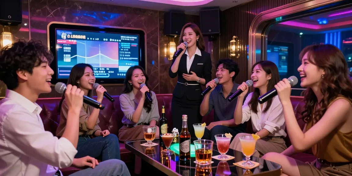 강남가라오케에서 친구들과 즐겁게 노래하는 모습과 고급 음료가 어우러진 화려한 분위기
