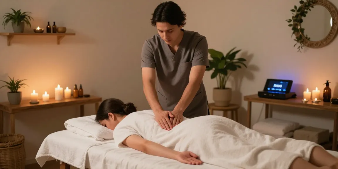 마사지 치료를 위한 아늑한 공간에서 아로마 오일과 촛불, 식물과 함께 스웨디시 마사지를 받고 있는 고객