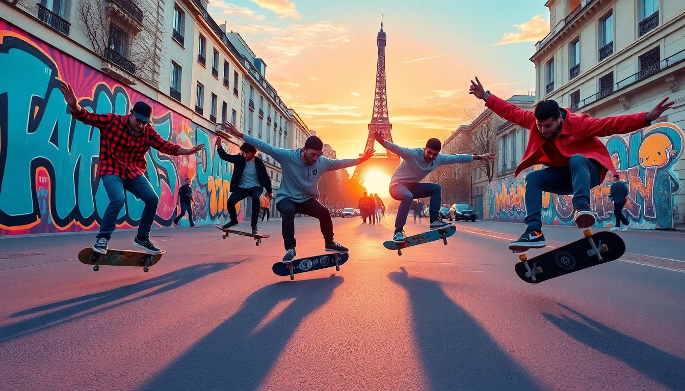 Cours skate paris showcasing skateboarders performing tricks in a vibrant urban setting.