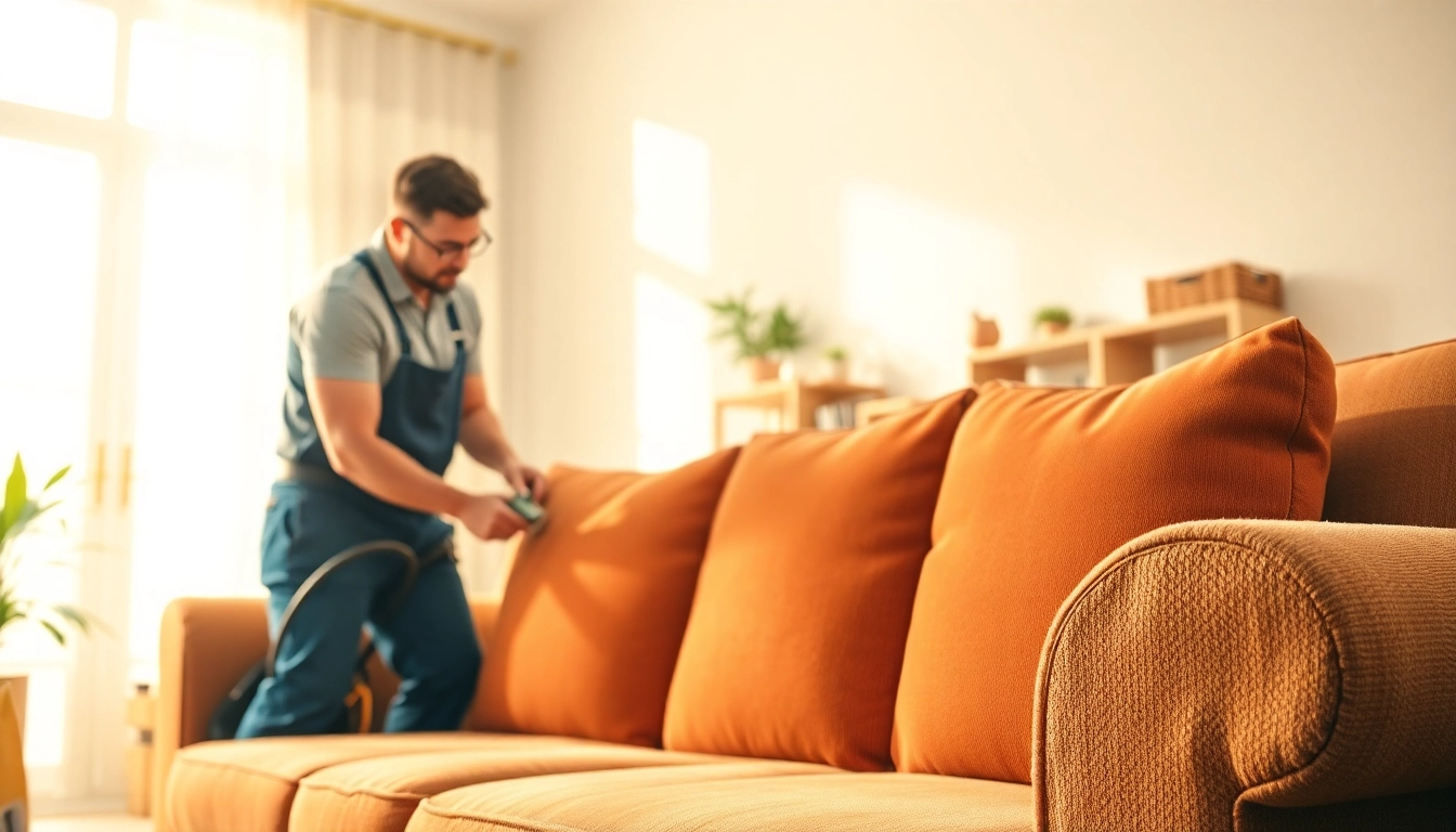 Upholstery cleaning in savannah ga features a technician inspecting a plush couch in a sunlit room.
