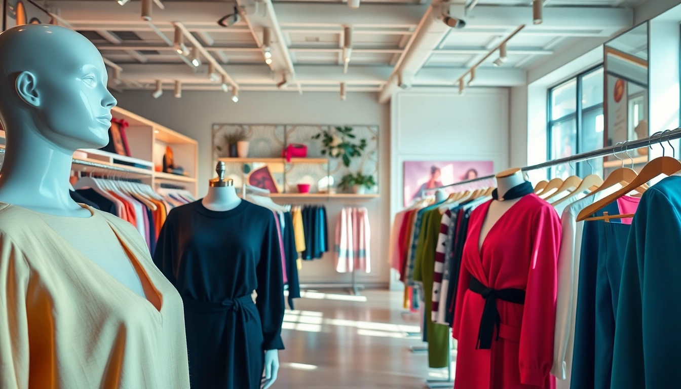Showcasing women clothing in a trendy boutique with vibrant displays and stylish decor.