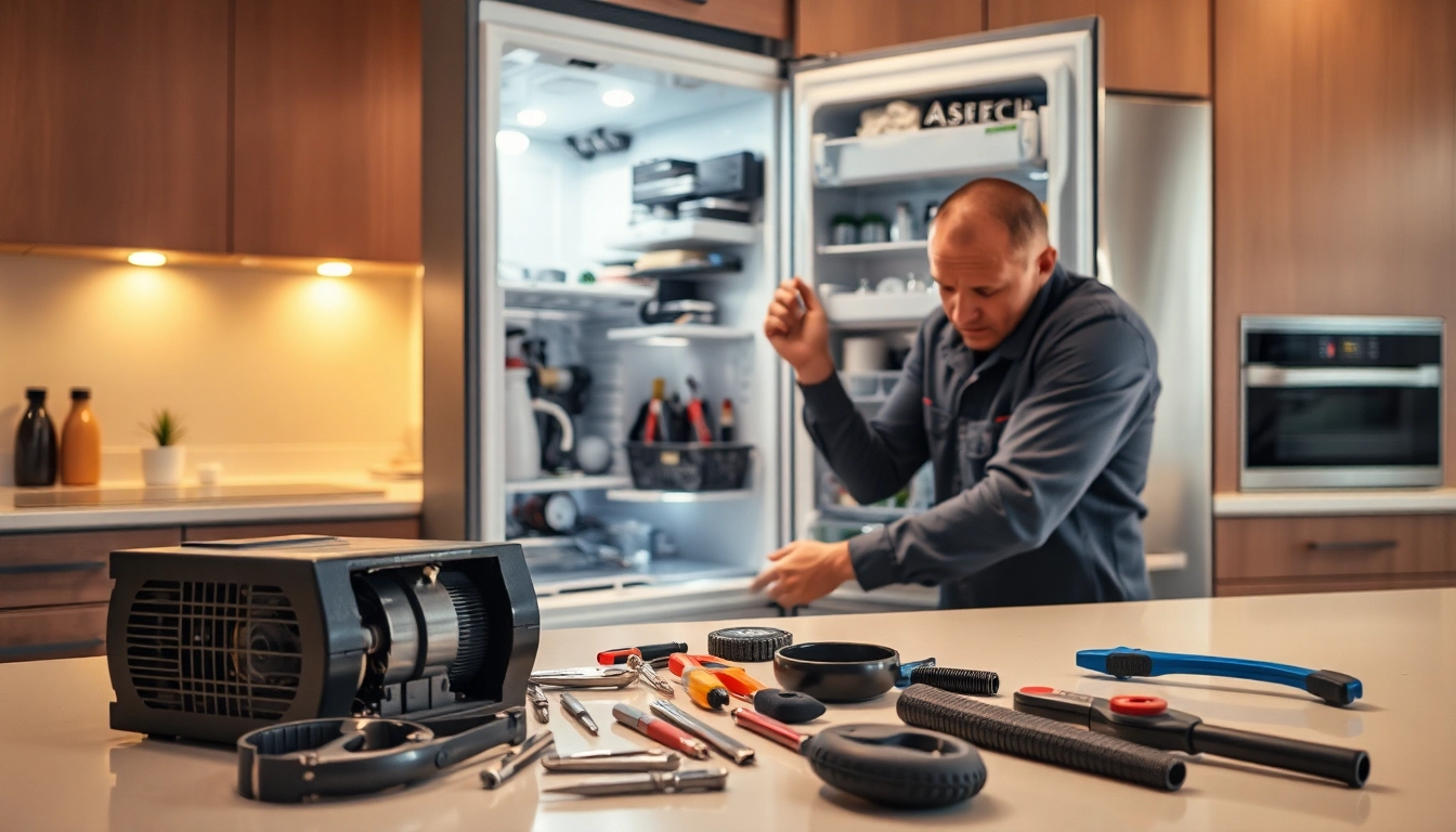 Expert repair of a refrigerator near me with tools and a technician at work.
