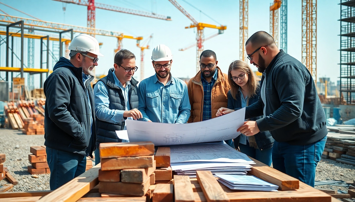Team engaged in construction quality management, reviewing blueprints on-site with cranes in the background.