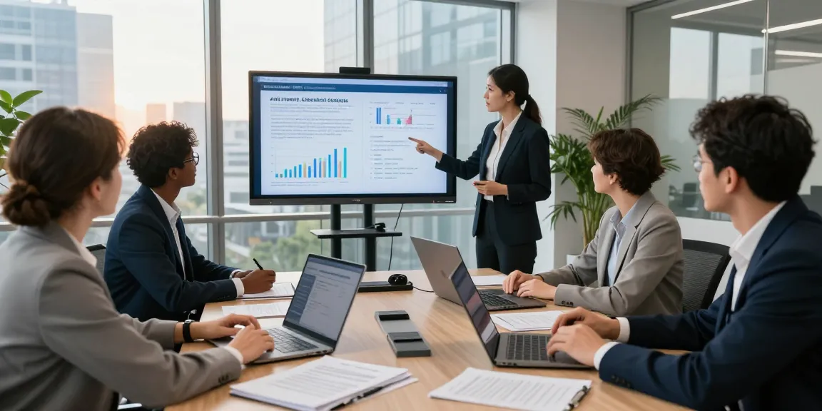 Financial crime intelligence team collaborating in a modern office during a training session, focused and engaged atmosphere.