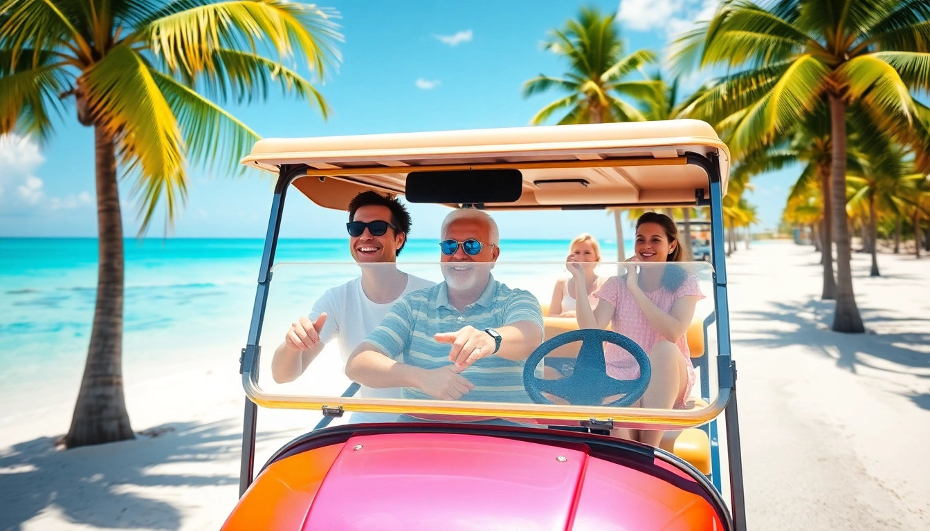 Golf Cart Rental San Pedro Belize - Family enjoying a vibrant ride in a golf cart along a beautiful beach.