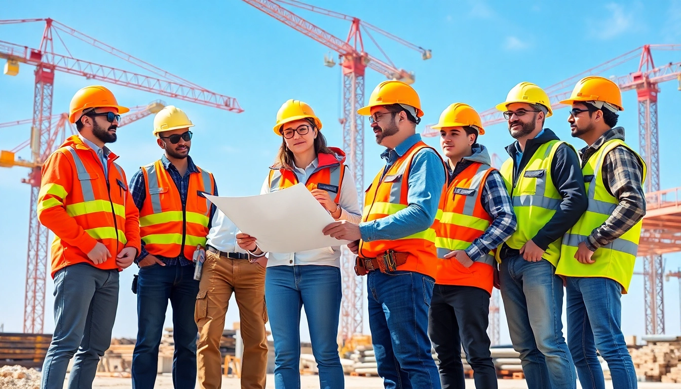 Highlighting construction site safety practices with workers actively engaged in safety discussions.