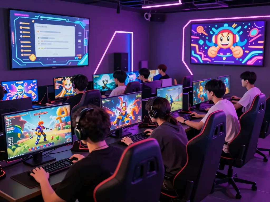 Players enjoying diverse games in the vibrant mantra88 online gaming lobby with engaging neon graphics.
