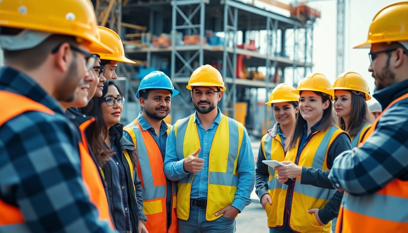 Workers participating in construction safety training with vibrant gear at a job site.