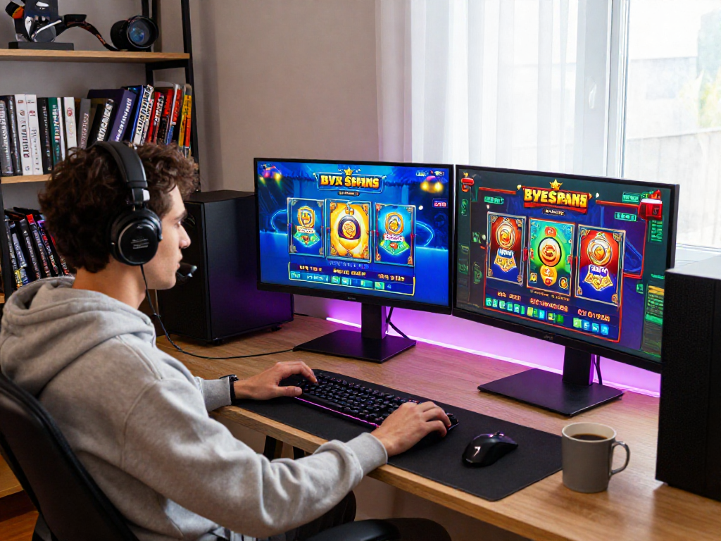 Exciting online gaming setup showcasing slots with buy free spins on vibrant monitors and gaming accessories.