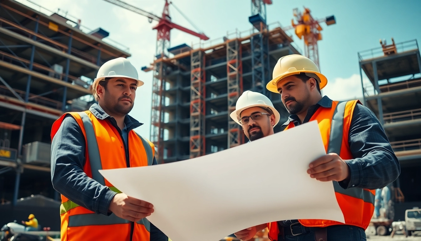 Construction association professionals working collaboratively at a busy job site.