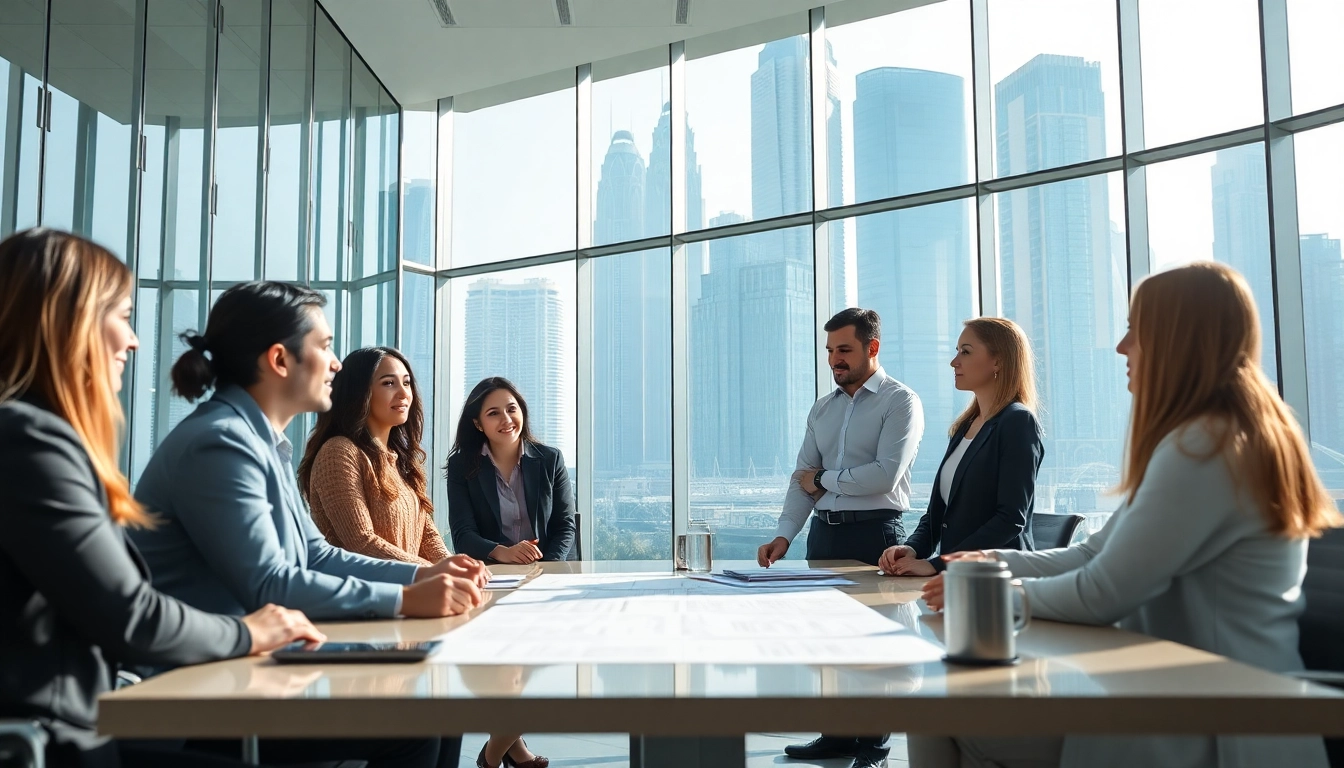 Consultants at a business setup company Dubai discussing plans in a modern office.