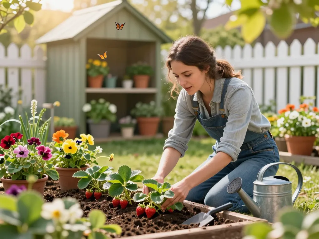A gardener planting aardbeienplanten kopen in a vibrant spring garden with colorful flowers and sunlight.