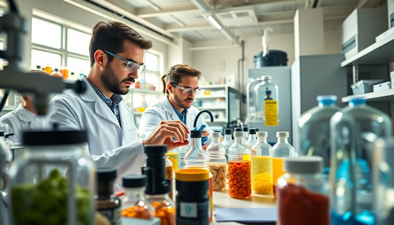Showcase of custom supplement manufacturer uk with scientists preparing high-quality formulations in a modern lab.