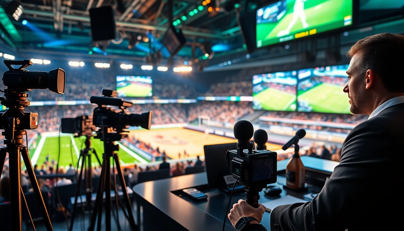 Engaging sports broadcasting set with a charismatic host, bright lighting, and high-tech equipment.