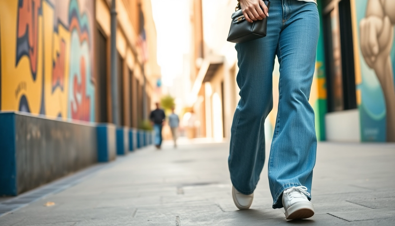 Woman confidently showcases womens wide leg jeans in a vibrant urban setting, illustrating casual chic.