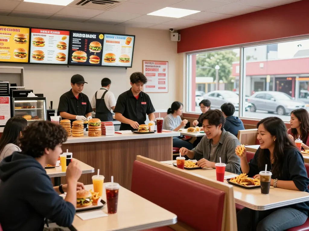 Fast food menu items served in a vibrant restaurant setting with happy customers enjoying their meals.