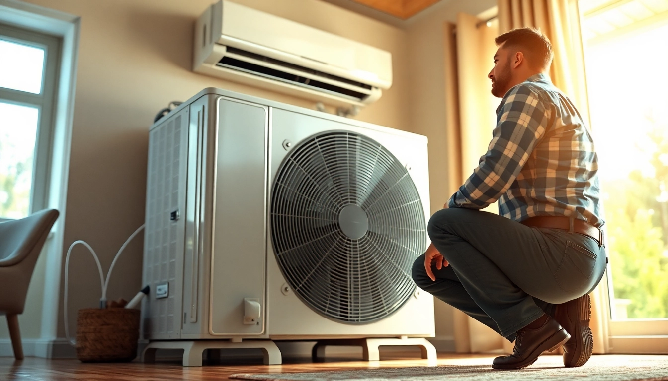 HVAC company Canada technician conducting air conditioning maintenance in a bright home.
