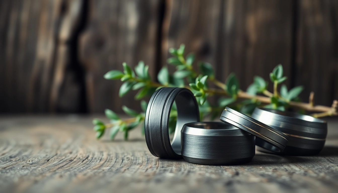Showcase Gunmetal Wedding Bands for Men featuring intricate designs on a wooden surface.