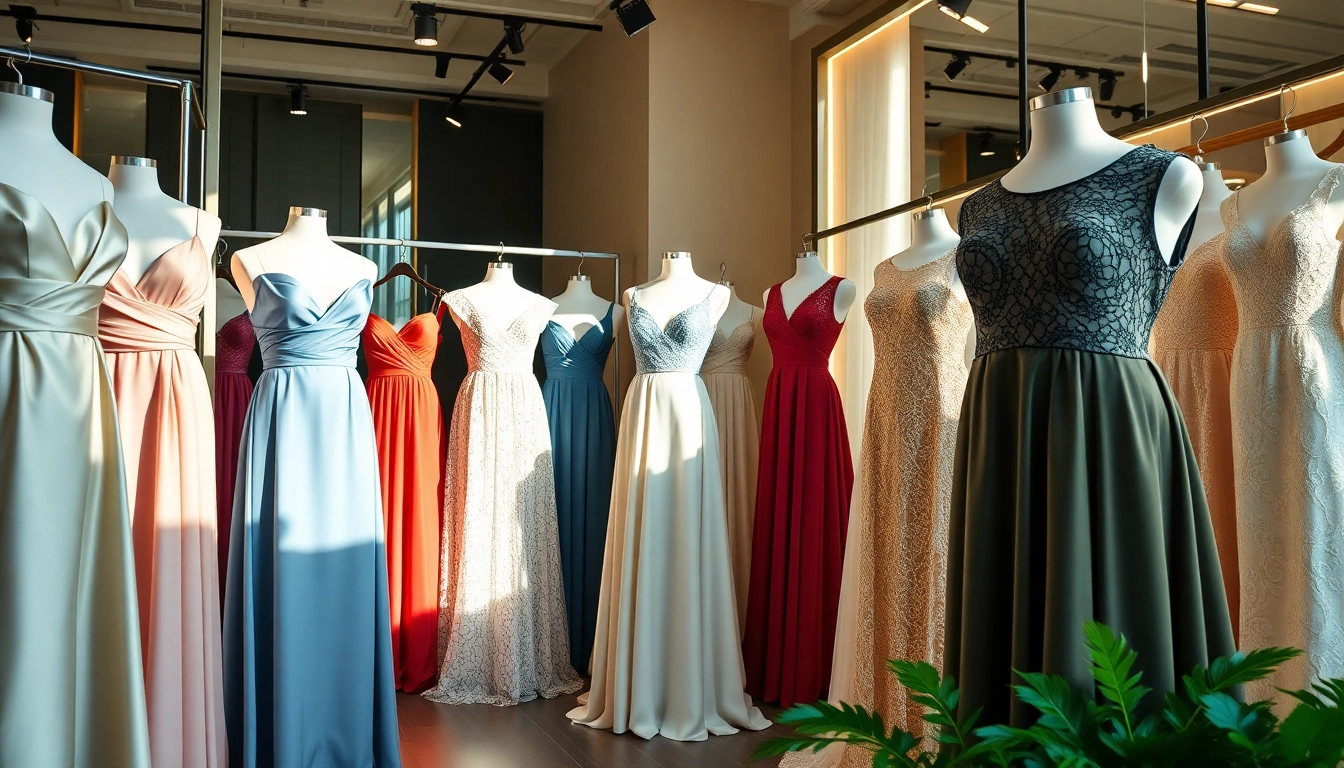 Showcasing exquisite designer dresses in a luxurious boutique setting.
