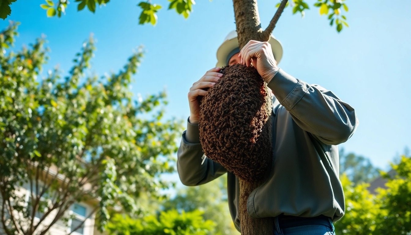 Expert performing honey bee hive removal safely from a residential area