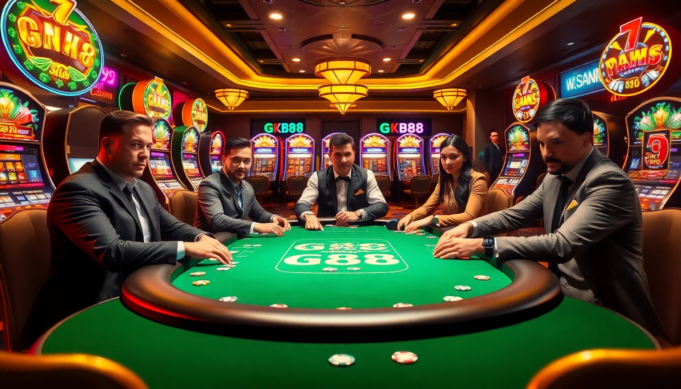 Engage with the thrilling GK88 poker action amidst a vibrant casino scene filled with excitement.