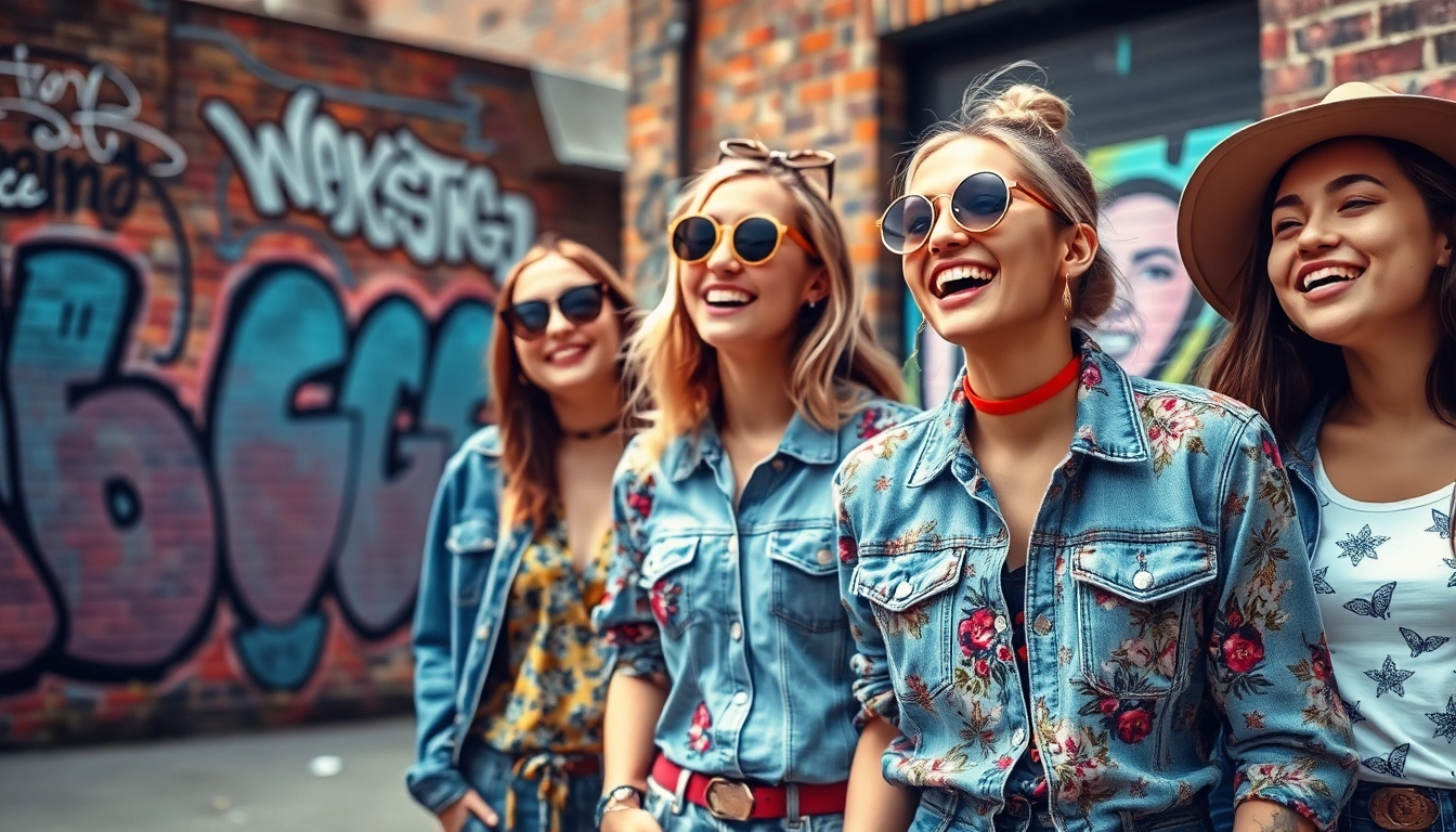 Fashion-forward individuals showcasing vibrant street style with trendy outfits and urban graffiti.