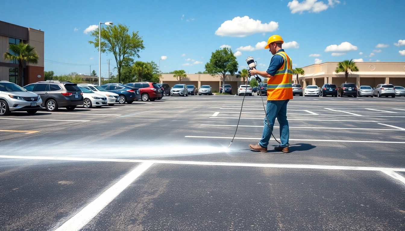 Line striping Jackson MS with professional service creating clean parking spaces.