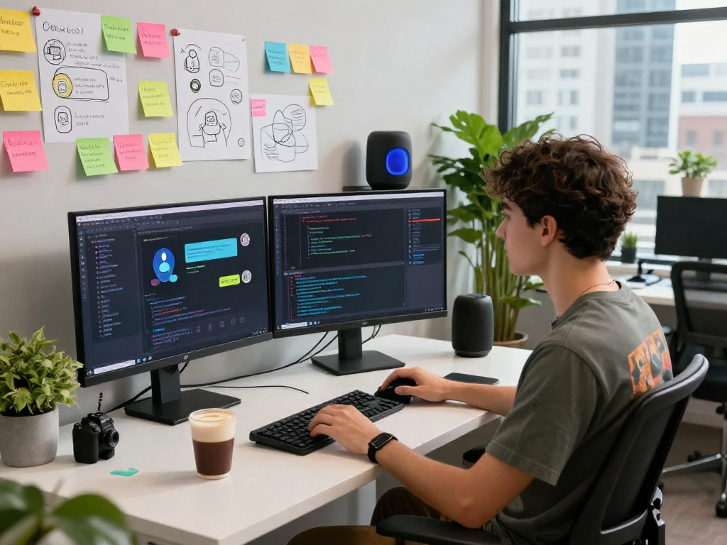 Developer engaging with an nsfw chat bot project in a modern workspace.