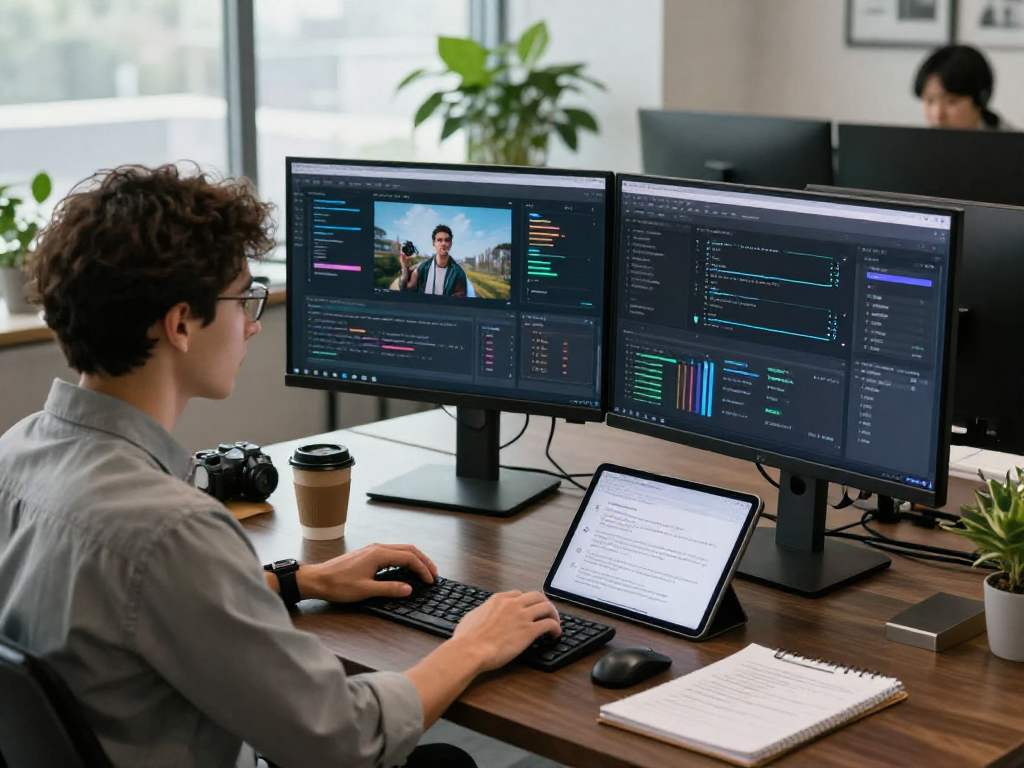 Detect AI image in a modern workspace with an analyst reviewing content moderation algorithms and dashboards.